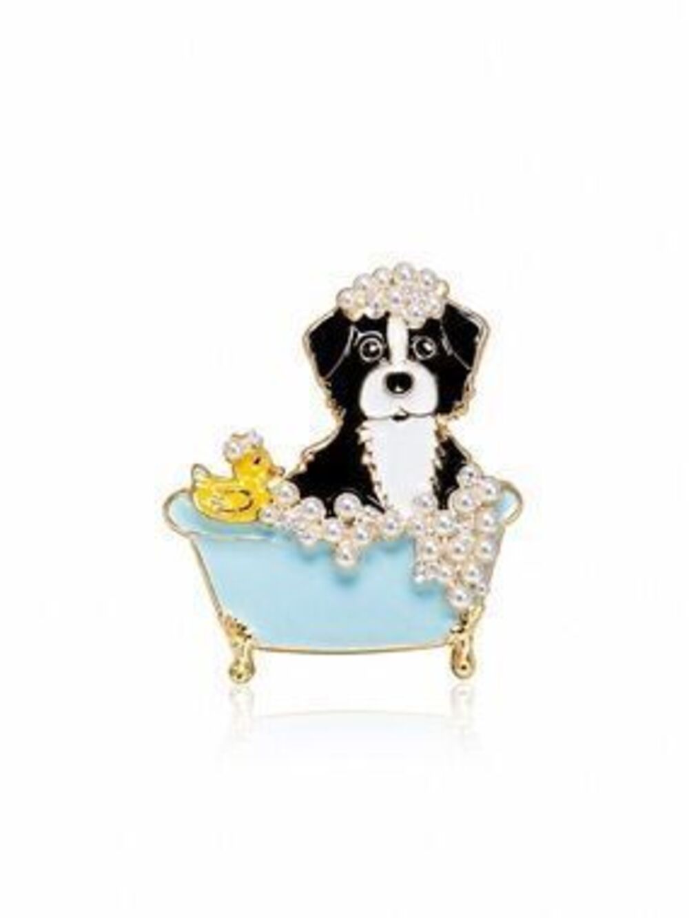 Cute Black & White Dog in Blue Bathtub Pin with Pearl Accents